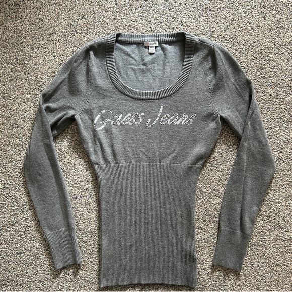 Y2K GUESS Light Grey & Silver Graphic Rhinestone Knit Long Sleeve Top - Picture 4 of 7